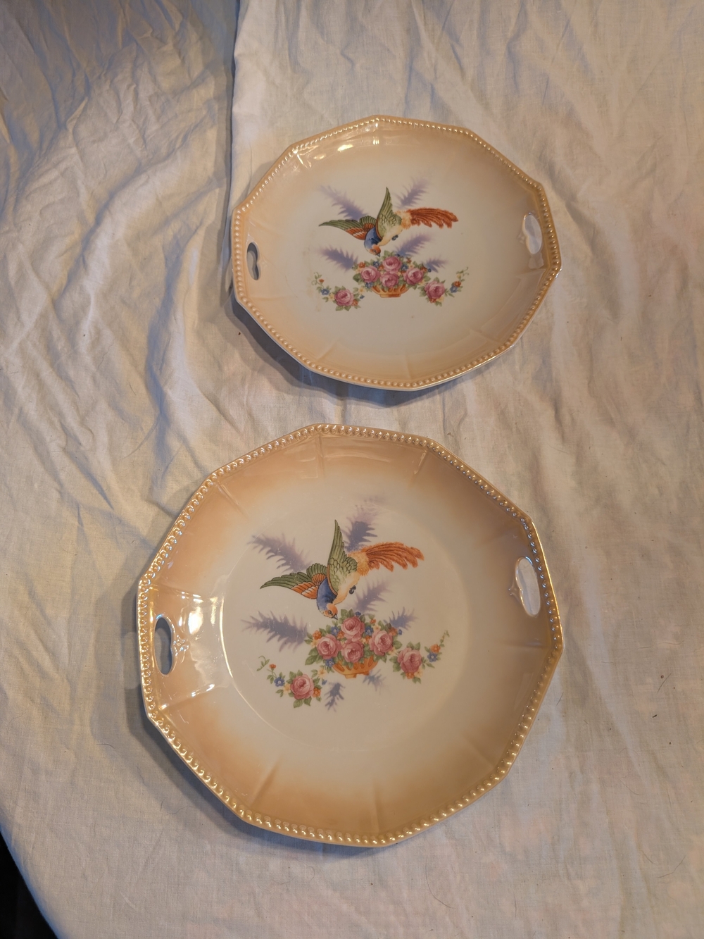 2/60$ Vintage Pink and Multicolor Bird Floral Porcelain Serving Plates
